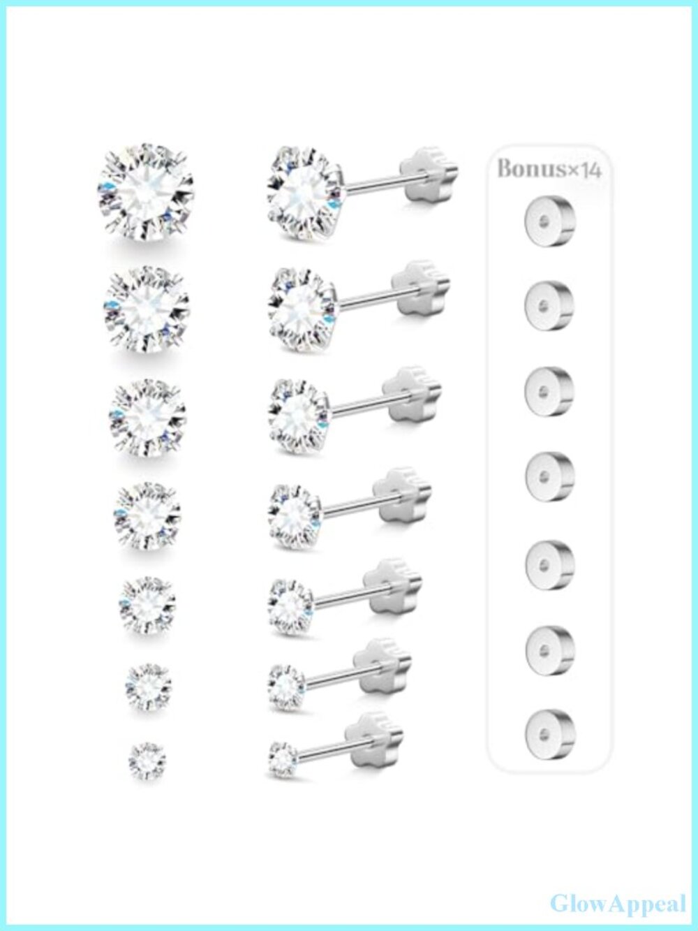 20G Flat Back Stud Earrings Set 7 Pairs Hypoallergenic Surgical Steel